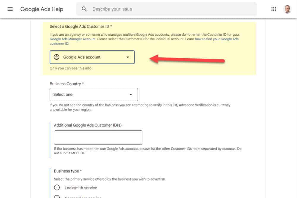 Google Ads interface highlighting the customer ID in the upper right