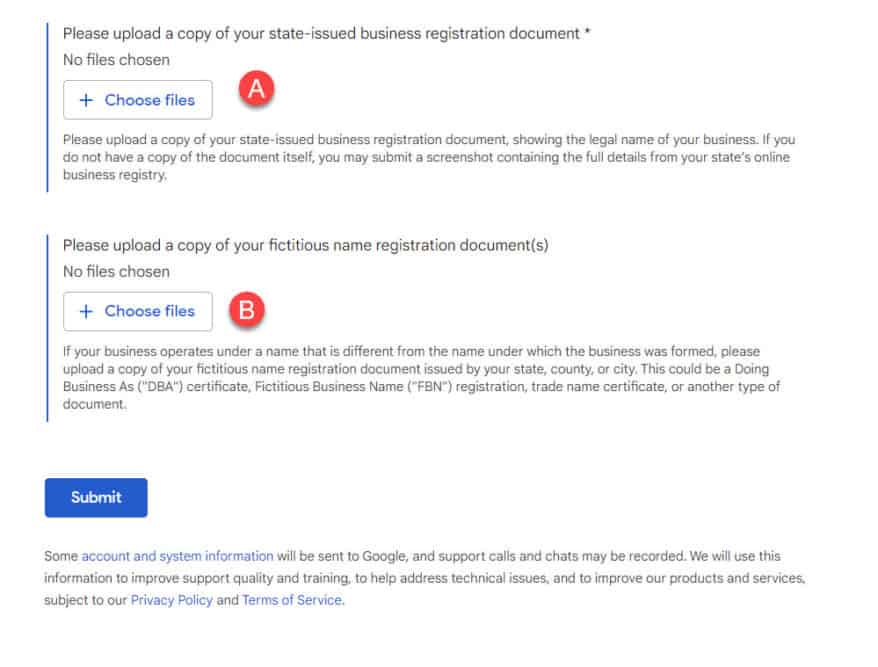 Advanced Verification form upload fields for business registration documents