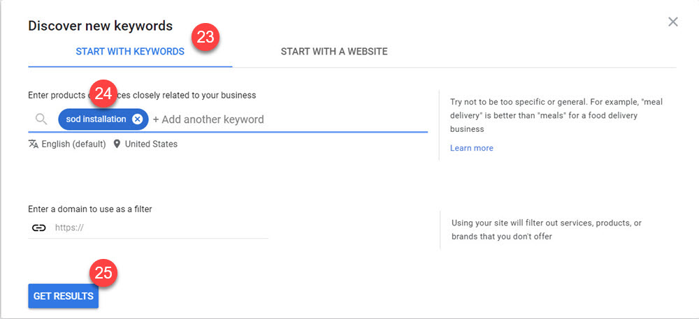 Google Keyword Planner start-with-keywords form seeded with sod installation