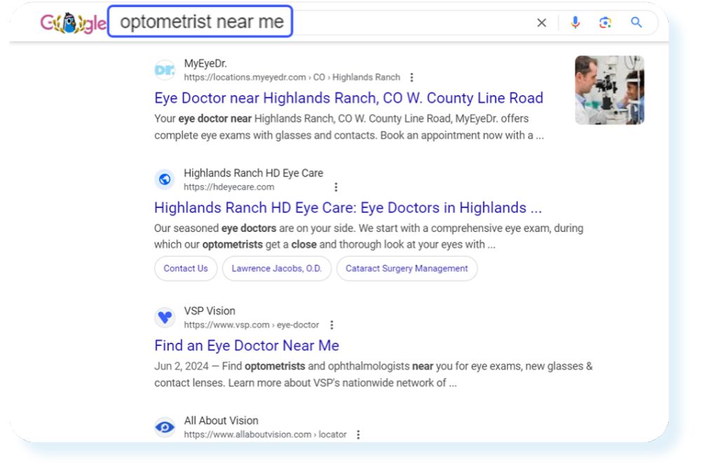 Search engine results showing an optometry practice ranking in organic listings