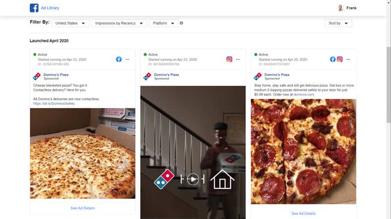 Facebook Ad Library for Domino's Pizza