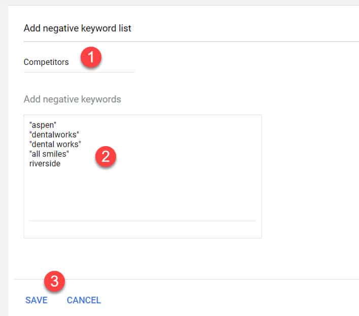 Setting up a negative keyword list