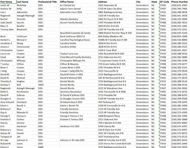 Excel Result Set of All Dentists